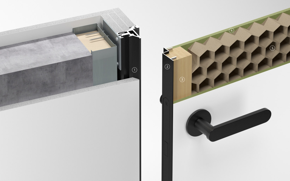 Конструктив дверей прихованого монтажу Invisible doors з торцевим профілем.