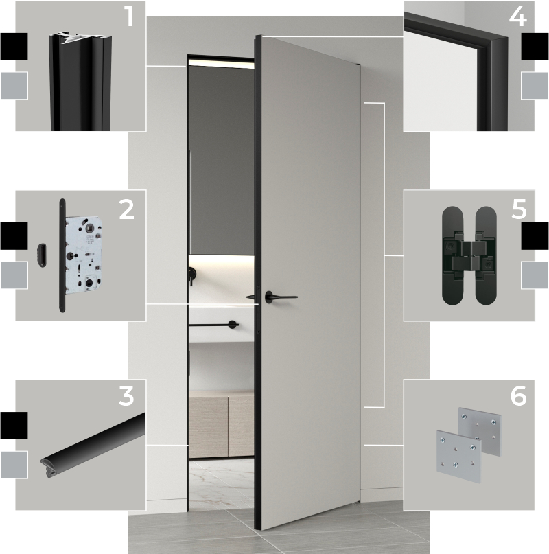 Комплектація дверей прихованого монтажу Invisible doors з торцевим профілем.